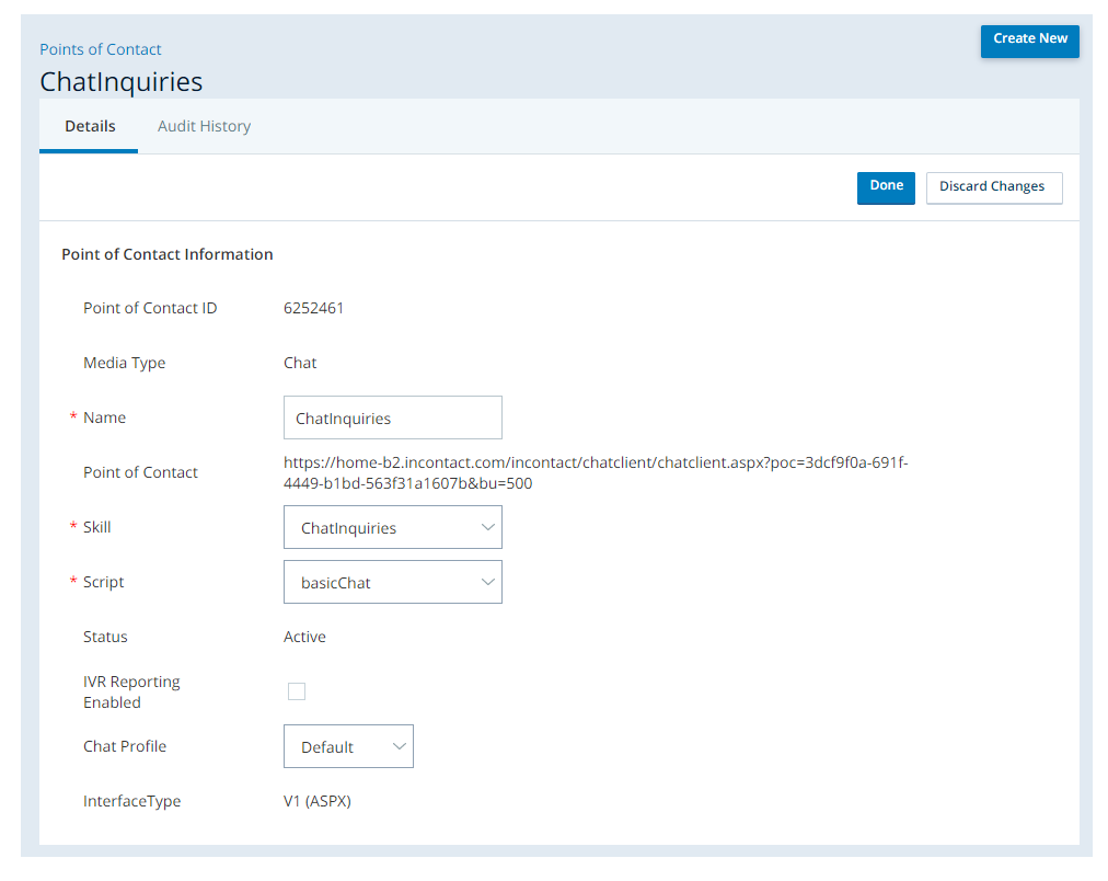 The Point of Contact properties page, showing the basicChat script selected in the Script field.