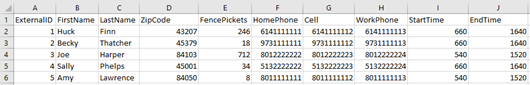 Screen capture of a calling list spreadsheet that includes start and end time columns
