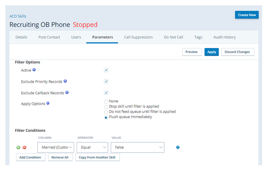 Screenshot of a CXone PC skill's Filters page