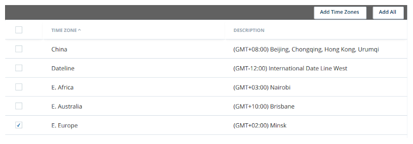 Screen capture of the CXone business unit time zone page with an unused time zone being added