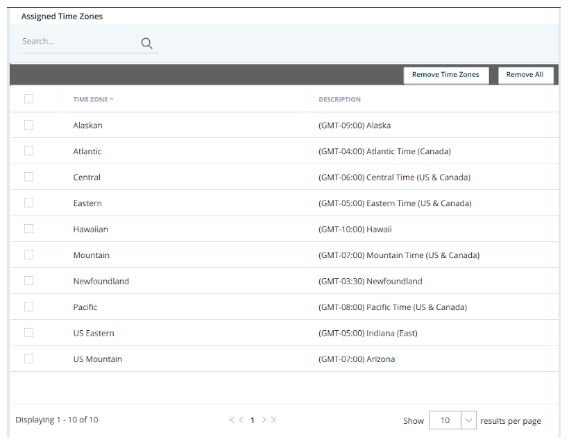 Screen capture of the CXone business unit time zone page with new time zones being added to the BU
