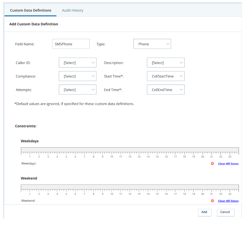 Screen capture of the Add Custom Data Definition page and the fields available for a Phone type field