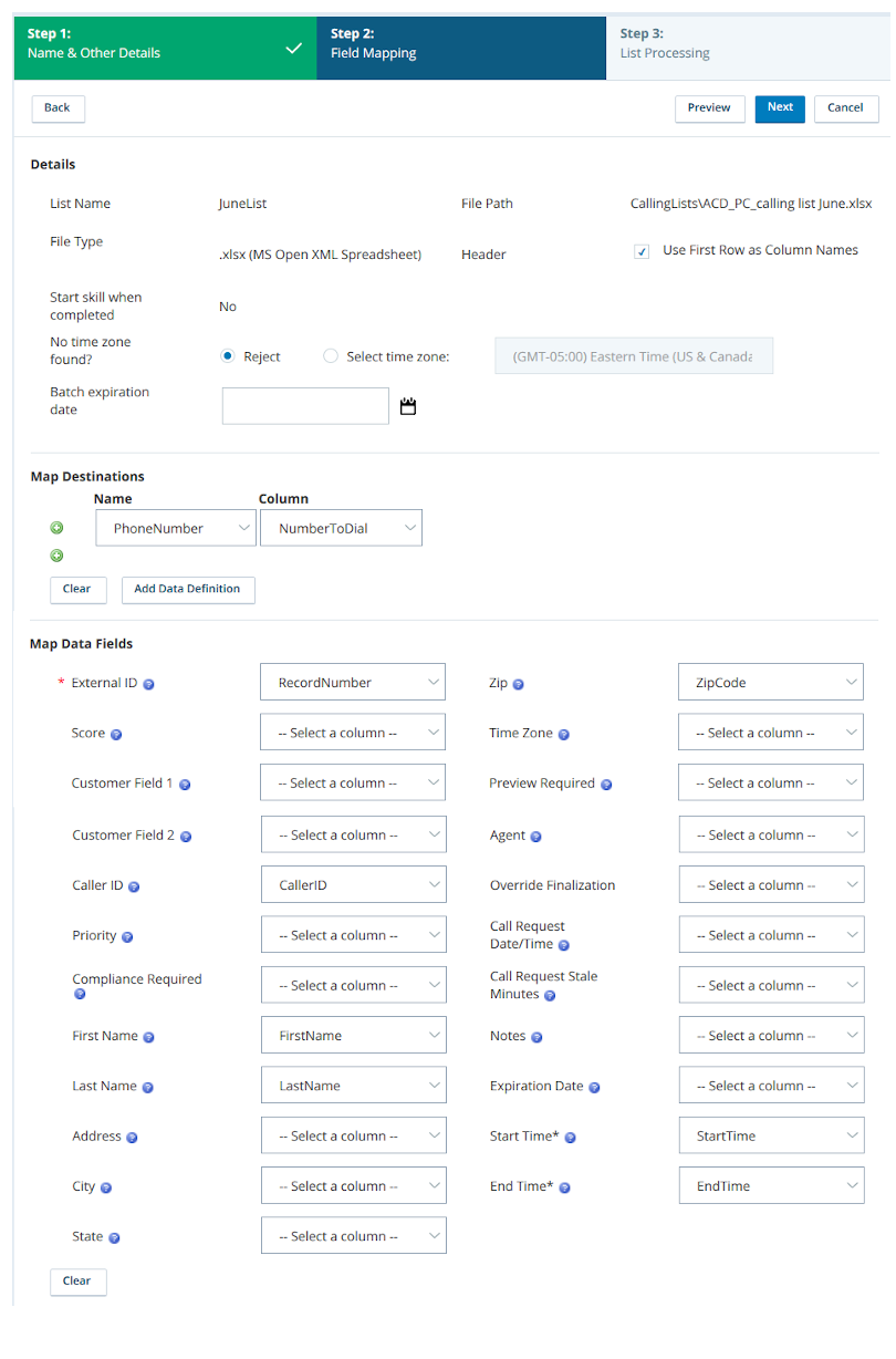 Screen capture of calling list upload field mapping where the start and end times of a calling list are mapped to their corresponding fields
