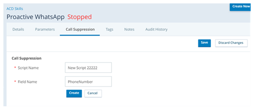 The Proactive WhatsApp ACD Skills page, showing tabs for details, parameters, call suppresion, and so on.