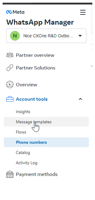 The WhatsApp Manager page, showing tabs for Partner Overview, Partner Solutions, Account tools, and so on.