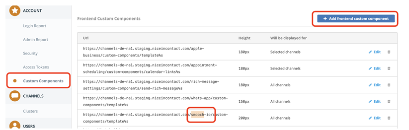 A list of custom components. A component with smooch in the URL outlined in red.