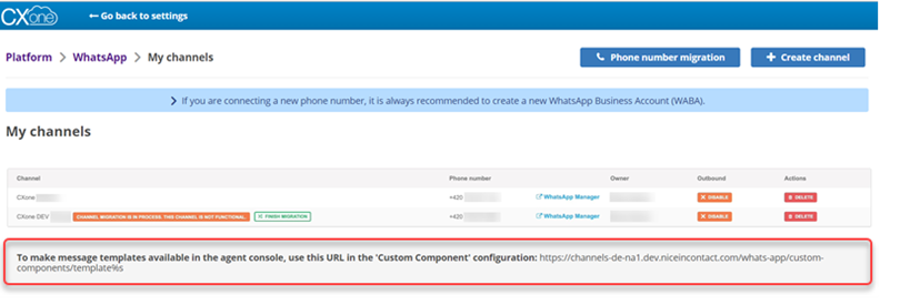 WhatsApp My Channels page with Channel list and link to create custom component