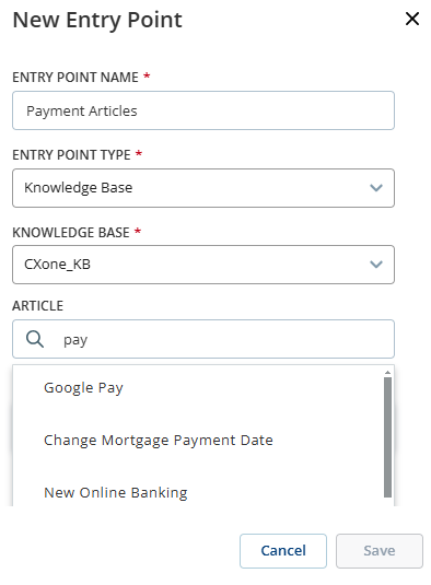 The page where you search for the CXone Expert articles to include in a knowledge base entry point.