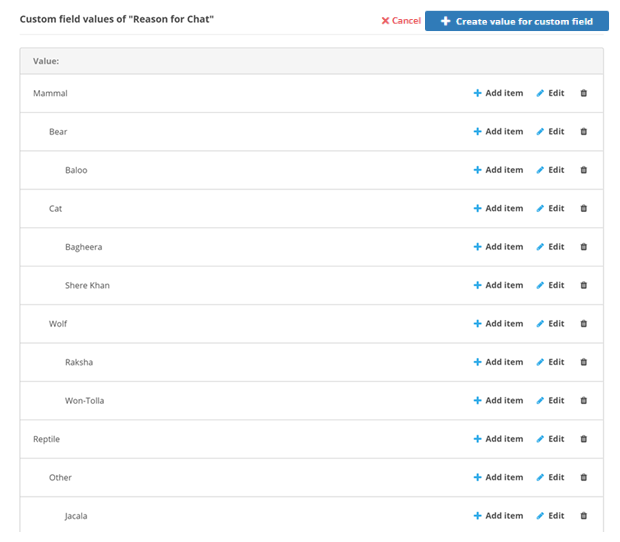 The page showing the values assigned to a custom-created field.