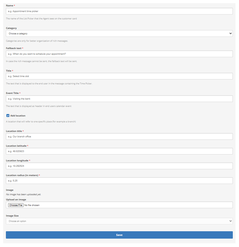Necessary fields to create a time picker rich message.