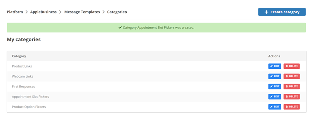 The page where you can create categories to organize your Apple Business Channel message templates.