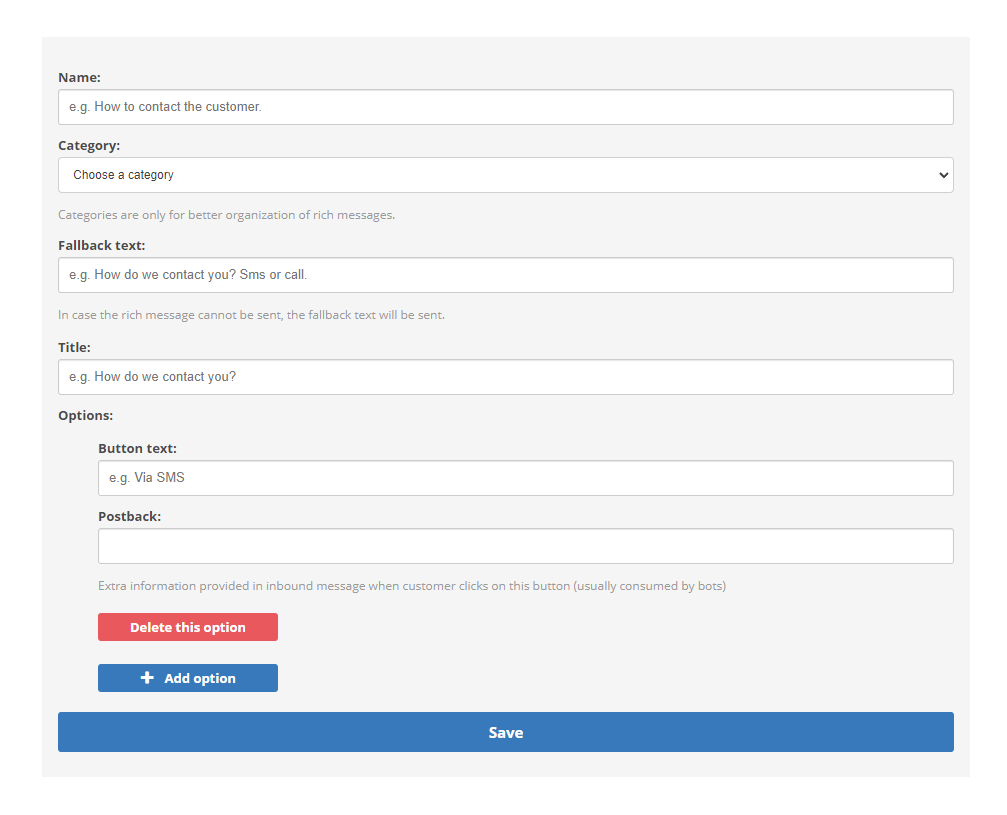 Fields to create a quick reply for rich messages