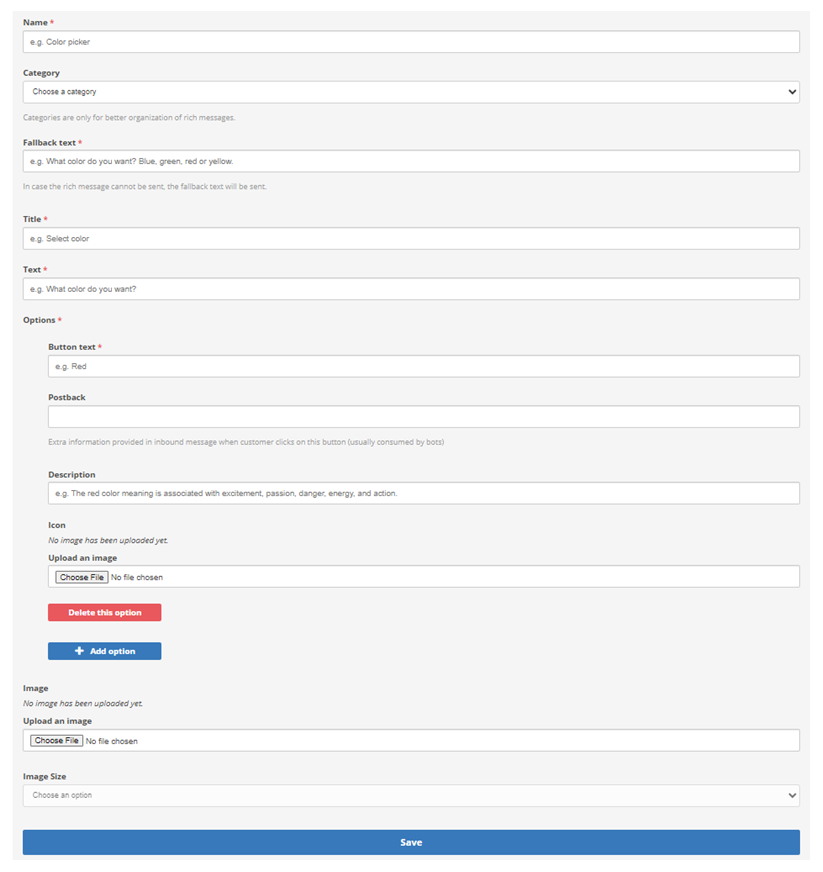 Fields to create a List Picker Rich message