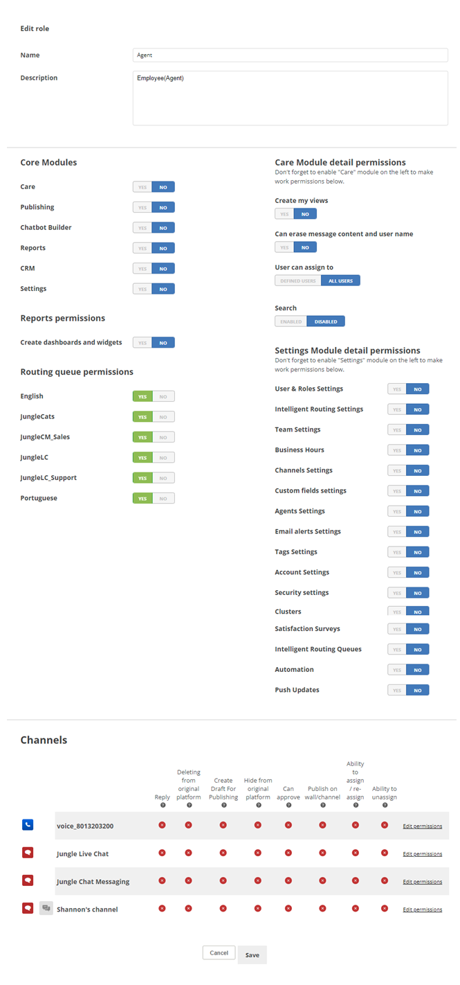The Edit Role page, showing the Routing Queue permission and Channels permissions.