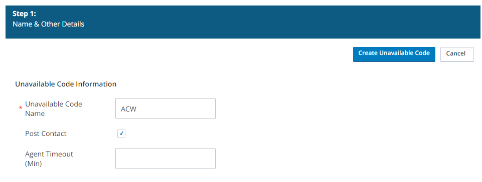 Image of CXone unavailable code creation page