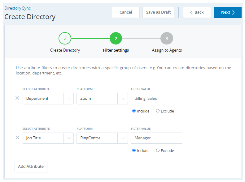 The Filter Settings page in Create Directory steps.