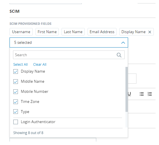 Image of SCIM provisioned fields dropdown on the Manage Account Settings page.