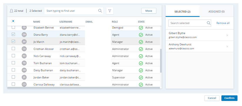 A screen capture of selected users in the Selected section of a group Add Users page.