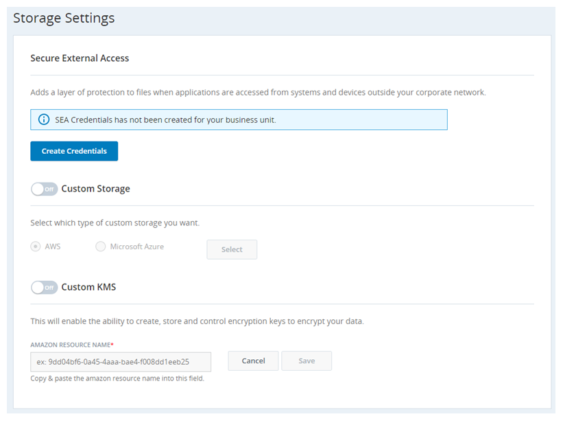 The Storage Settings page, where you can enable Custom KMS.