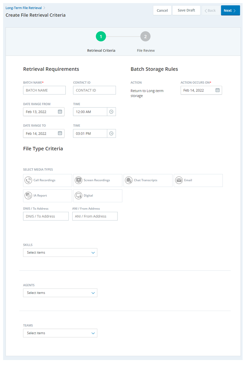 The Create File Retrieval Criteria page, showing the options for filtering a file retrieval request.