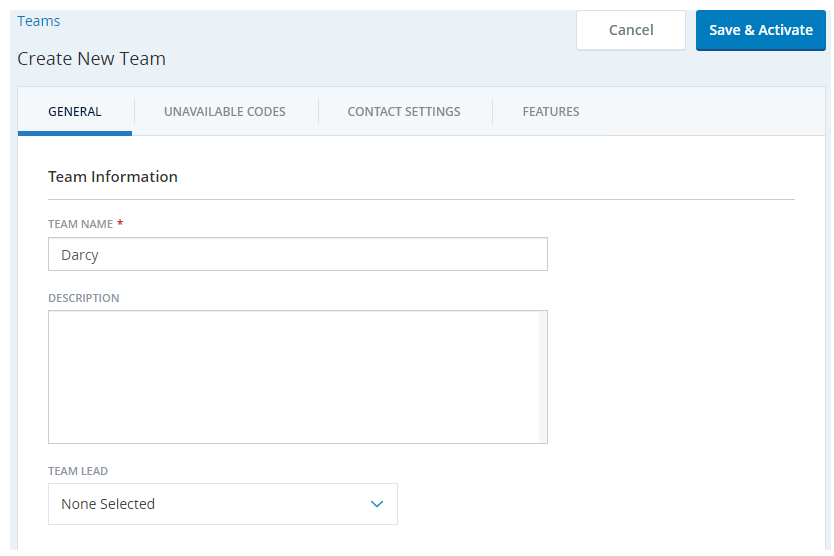 Screenshot of create new team page with no options selected