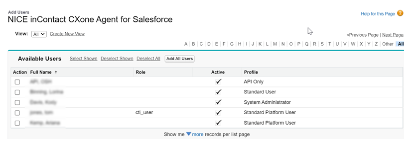 List of users in Manage Licenses for NICE inContact CXone Mpower Salesforce Agent.