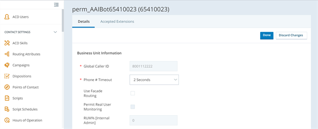 Configuration page for editing Business Unit settings