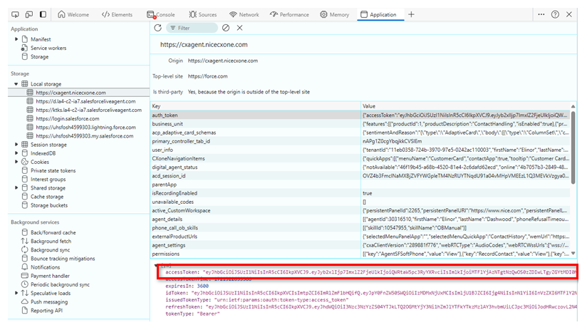 In the Console, accessToken is highlighted. It is the first value in the bottom panel.