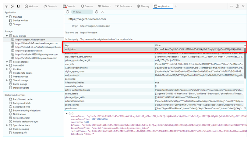 In the Console, auth_token is highlighted. It is the first key in the table.