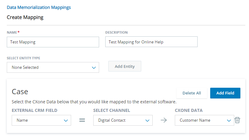 The Data Mapping tab, showing a box for a Case entity type and an Account entity type. Each has fields for External CRM, Select Channel, and CXone Mpower data field.