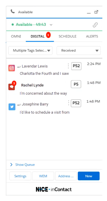 The Digital tab in Salesforce Agent, where you handle interactions from digital channels like Facebook.