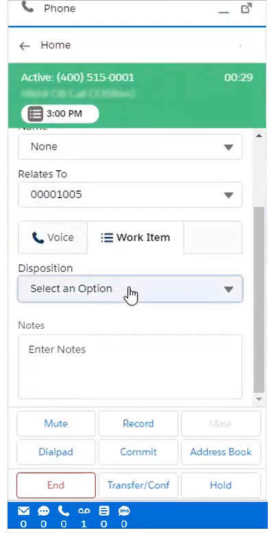 The Show Contact Details option in Salesforce Agent Lightning expanded, showing a drop-down for Disposition.