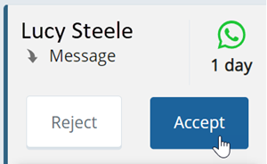 An inbound WhatsApp message in Agent, with the contact's name, the WhatsApp icon, and Reject and Accept buttons.
