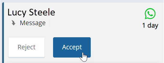 An inbound WhatsApp message in Agent Integrated, with the contact's name, the WhatsApp icon, and Reject and Accept buttons.