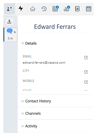 Customer Card, with the contact's name at the top, then drop-down tabs labeled Details, Contact History, and Channels.