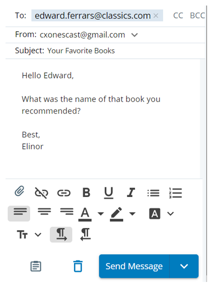 An email draft. Includes To, From, and Subject lines, CC and BCC, a text box, text editor options, and a send button.