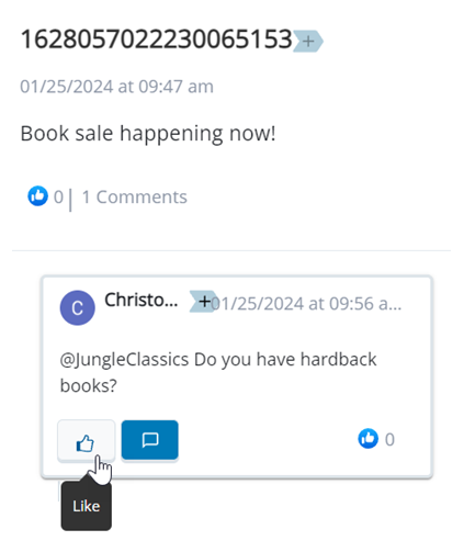 The original post appears with the reply post beneath it. The cursor hovers over the Like button.