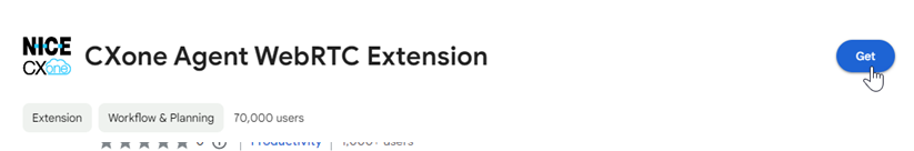 The Agent WebRTC Extension in the Chrome Web Store. The cursor hovers over Get.