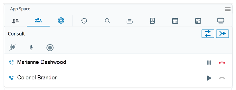The Multi-party space is opened in the App Space. Both contacts are shown in a consult, with options to mask, mute, and record.