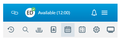 A blue bar with icons for Agent Leg, Status Bar, Notifications, and More. Below that, there's a menu with icons for Contact History, Search, Queue, Directory, and so on.