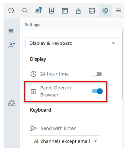 The Display and Keyboard page in Settings. The Panel Open in Browser setting is second from the top.