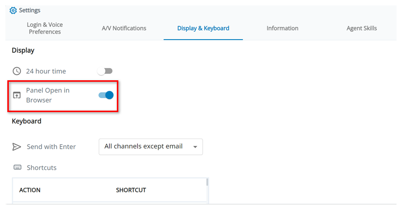 The Display and Keyboard tab in Settings. The Panel Open in Browser setting is second from the top.