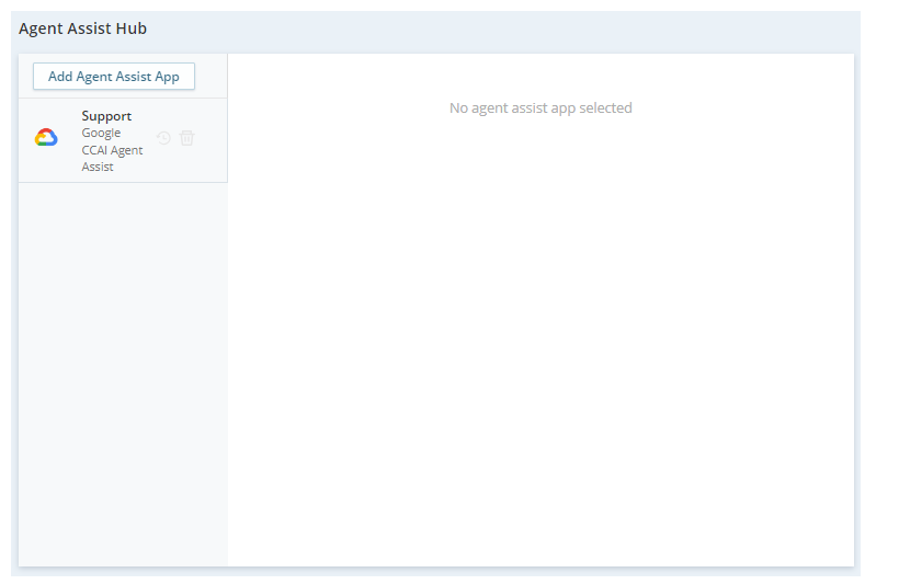 The Agent Assist Hub page in Agent Assist Hub, showing the agent assist applications that are available in your environment. 