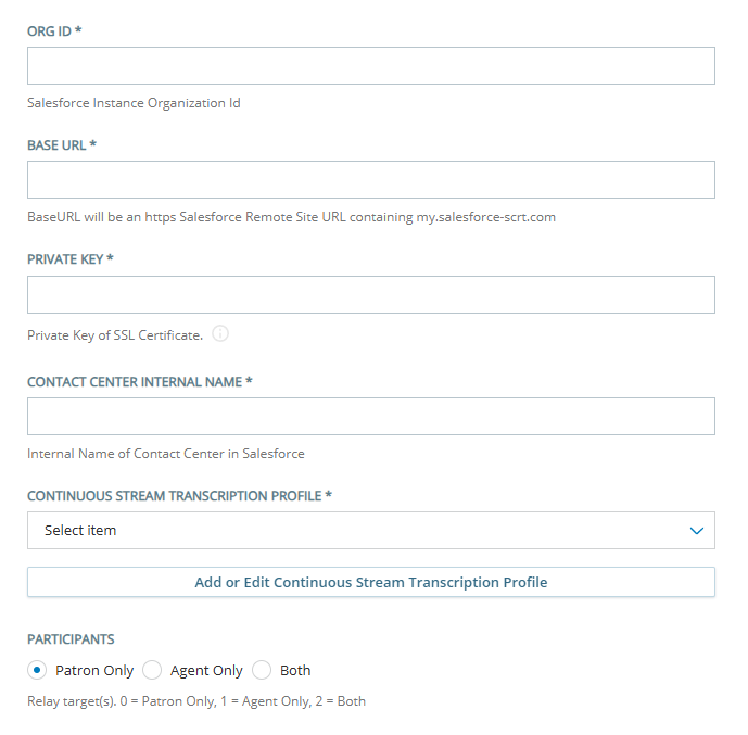 The Configuration page for adding a [MadCap:variable name="3rdPartyProductNames.SFAssist" ]  agent assist bot to Agent Assist Hub.