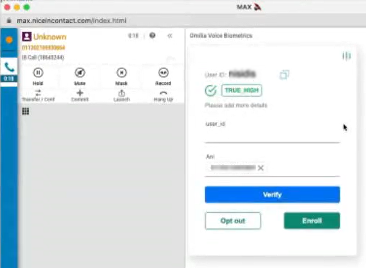 An example of Omilia in the Agent Assist panel in MAX, showing a 99% result from the live voice verification.