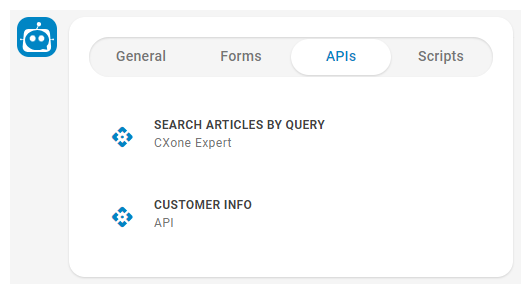 A window where you select a bot response from the General, Forms, APIs, or Scripts tabs