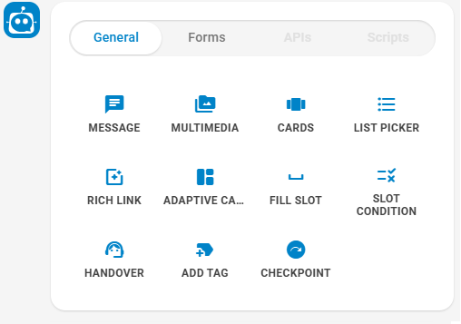 A window where you select a bot response from the General, Forms, or Integration tabs.