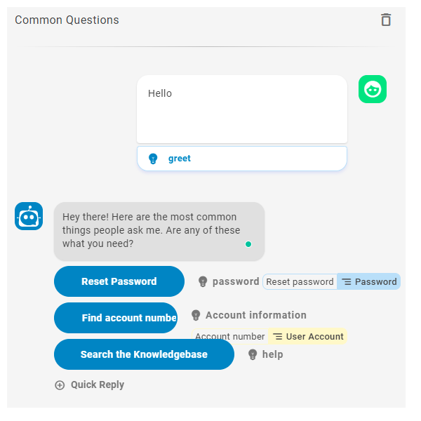 Screenshot of an Mpower Agent telling the customer a few of the most common questions it receives.