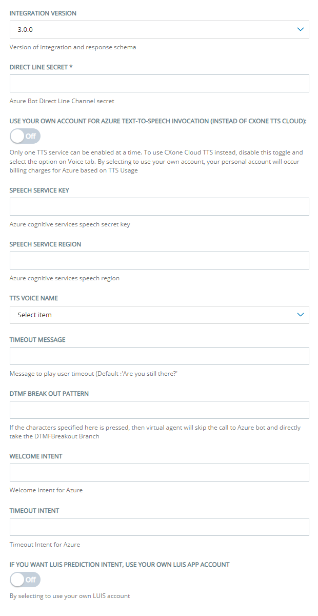 The Configuration page for adding a Microsoft Azure to Virtual Agent Hub