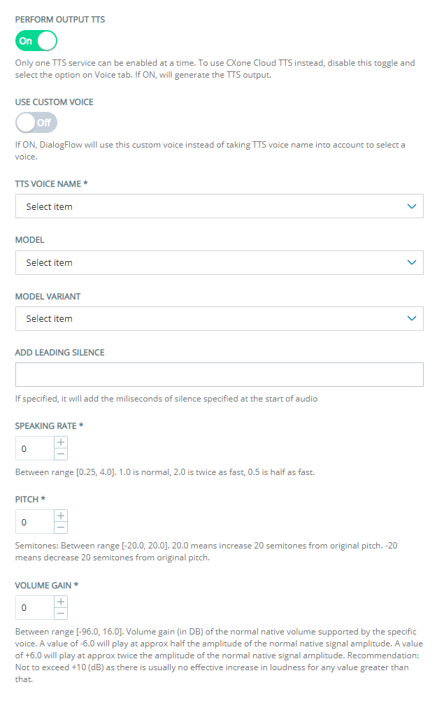 The properties that appear when you enable the Perform Output TTS option for a Google Dialogflow CX virtual agent.